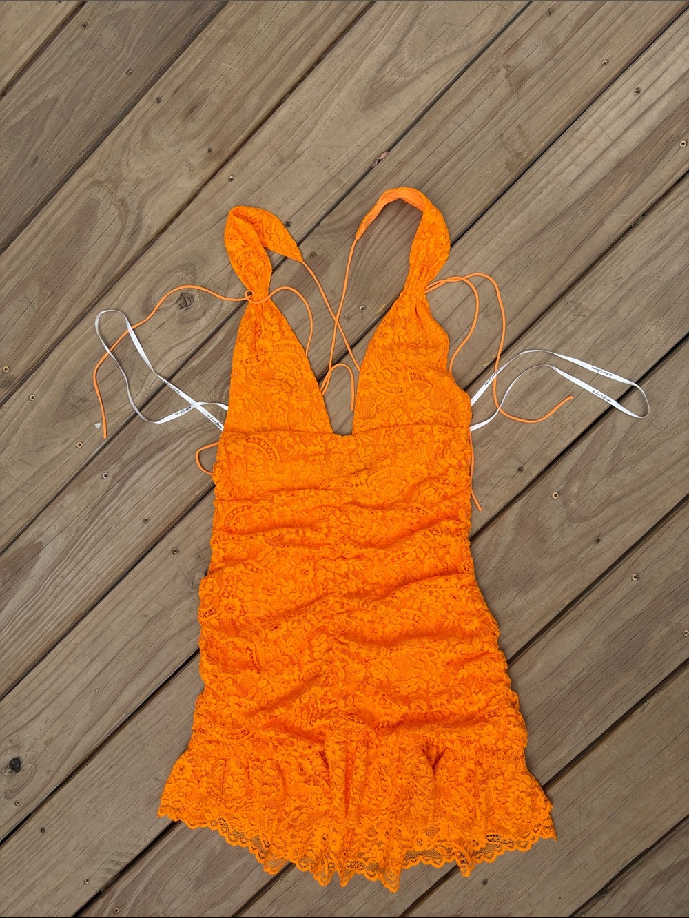 For Love & Lemons Bright Orange Lace Mini Dress
